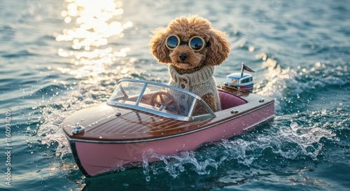 Playful dog in sunglasses driving a small boat on the water.