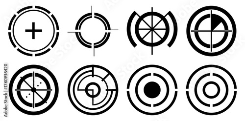 Vector art of collection of various black and white target crosshairs