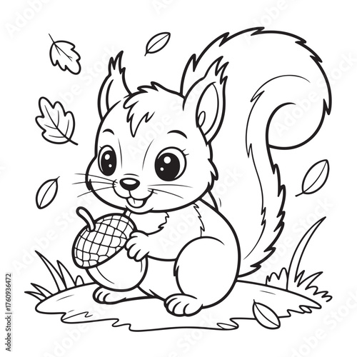 Adorable squirrel holding an acorn isolated on white background, surrounded by falling leaves in a charming line art style