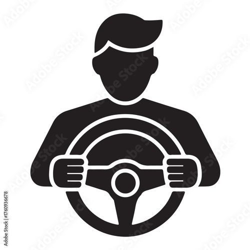 A driver holds the steering wheel isolated on white background, focused on navigation and control in a vehicle silhouette