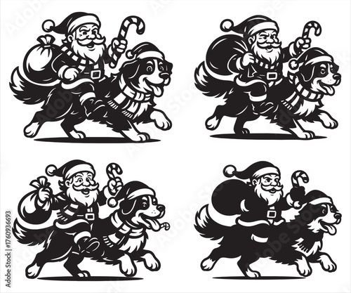 Santa Claus Riding Bernese Mountain Dog Vector – Funny Christmas Cartoon Illustration, Santa with Candy Cane and Gift Bag
