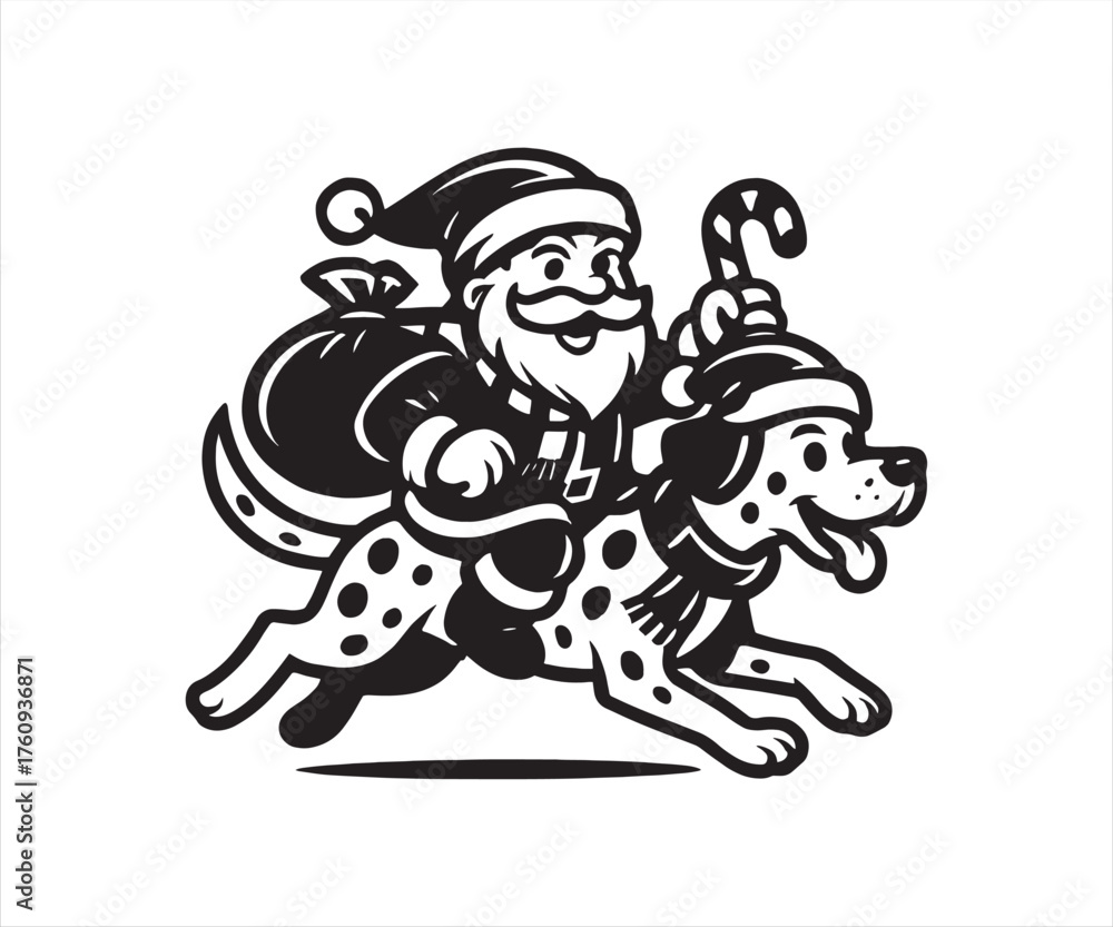 Fototapeta premium Santa Claus Riding Dalmatian Dog Vector – Funny Christmas Cartoon Illustration, Santa with Candy Cane and Gift Bag