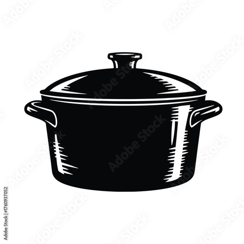 A black and white vector illustration of a classic cooking pot with a lid and handles, isolated on a white background.