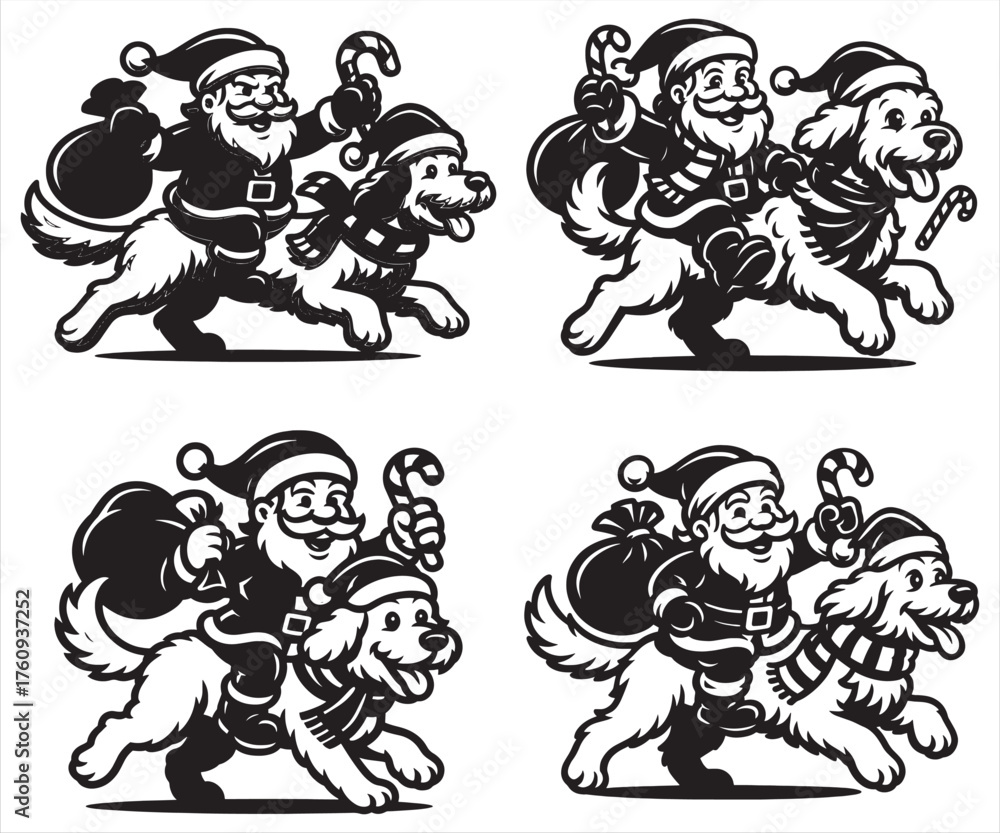 Fototapeta premium Santa Claus Riding Golden Retriever Dog Vector – Funny Christmas Cartoon Illustration, Santa with Candy Cane and Gift Bag