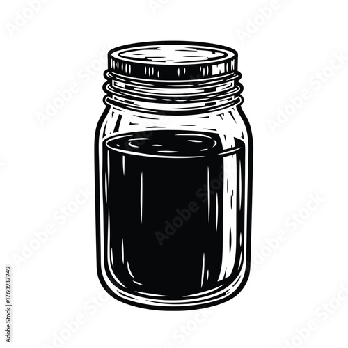 Vintage black and white illustration of a glass jar filled with a dark liquid, isolated on a white background.