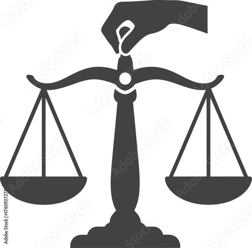 Flat Dark Gray Hand Balancing Justice Scales on a Transparent Background