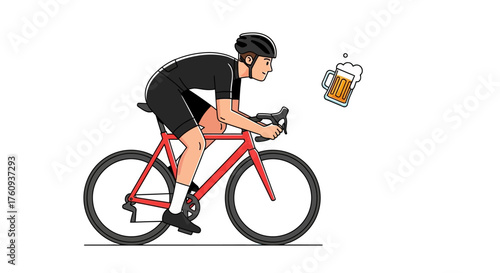 Humorous illustration of a cyclist dreaming about a beer after a long ride enjoyment