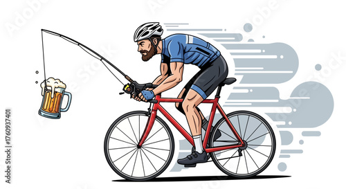 Humorous illustration of a cyclist fishing for beer on a bicycle ride adventure