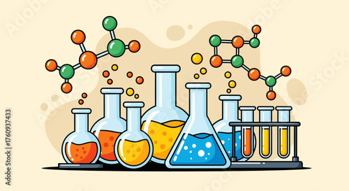Illustration showcasing chemistry laboratory equipment and molecular structures for scientific