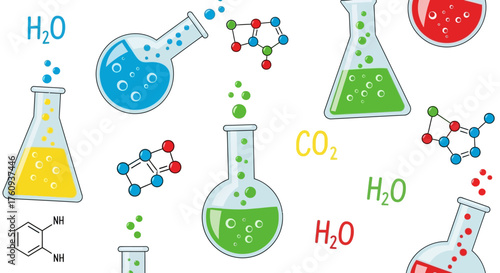 Colorful chemistry science background illustration with laboratory glassware and molecular