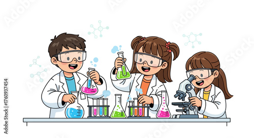 Enthusiastic young scientists conduct experiments in a well equipped laboratory with beakers