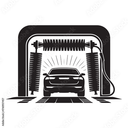 Black and white vector illustration of a car wash isolated on white background automated cleaning service