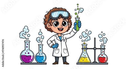 Cartoon illustration of a young scientist conducting experiments in a laboratory setting