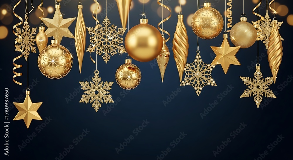 Fototapeta premium A festive collection of glittering golden Christmas ornaments, including stars, snowflakes, and baubles, suspended against a dark blue background with bokeh lights.