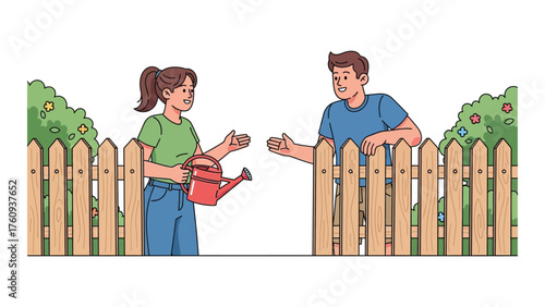 Young woman with watering can talking to a man over a fence sharing gardening tips vector illustration isolated on white background