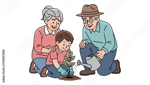 Family planting a tree together illustration of grandparents and grandson gardening concept of environmental awareness and intergenerational connection
