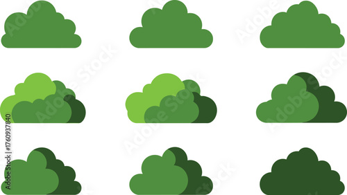 Green Bush Set, Flat Design Bushes, Natural Flora, Garden Elements