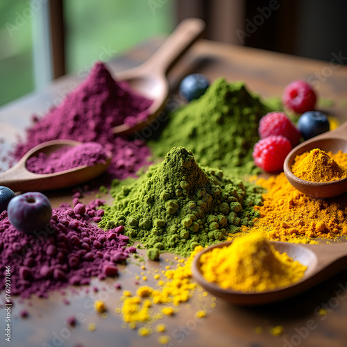 Vibrant superfood powders with fresh berries on rustic wood