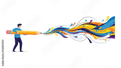 Man holding a large pencil drawing colorful lines vector illustration for creative writing and design concepts isolated on white background