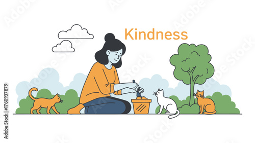 Woman feeding cats in a park a vector illustration depicting kindness and care suitable for social media and website use