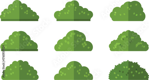 Green Garden Bushes Collection Flat Style Set Isolated on White Background