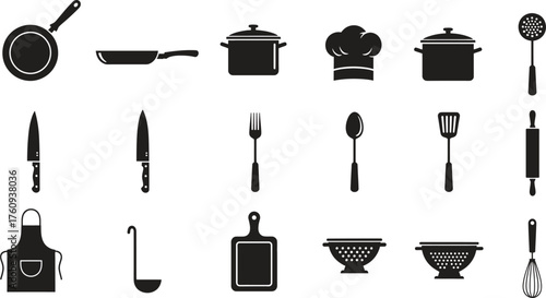 Kitchen Utensils and Cooking Equipment Black Silhouettes Illustration for Food Preparation