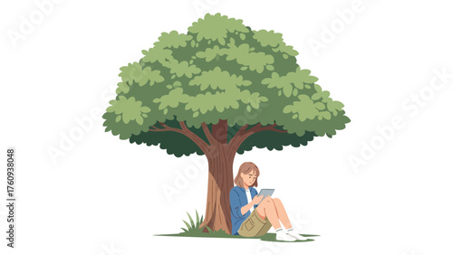 Woman sitting under a tree reading on a tablet enjoying nature in a peaceful setting vector illustration isolated on white background