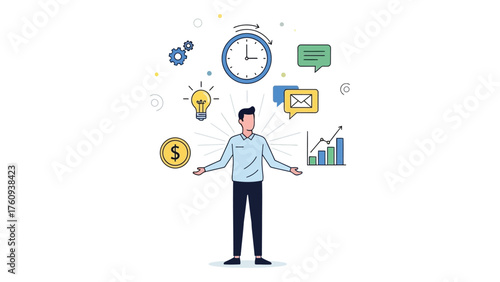 Person multitasking with business icons flat vector illustration representing time management and efficiency isolated on white background