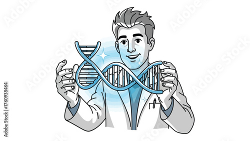 Scientist holding a DNA strand vector illustration in cartoon style concept for genetic research and biotechnology