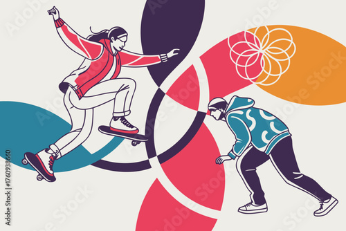 Vector art of dynamic skateboarder in action with colorful abstract background