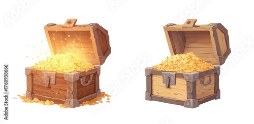 Two open wooden treasure chests filled with gold coins.  Light glows from within the open chests