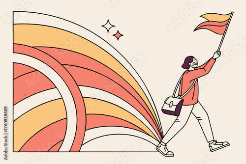 Vector art of determined woman with flag leading the way to success illustration