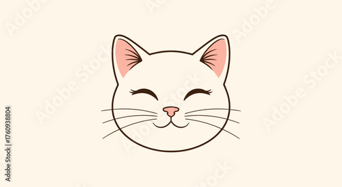 A cute white cat with its eyes closed in happiness and a gentle smile. It has pink ears and whiskers.