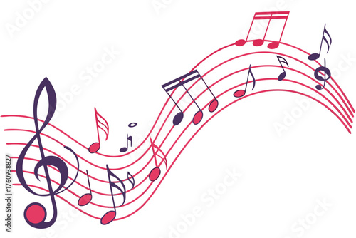 music notes on wavy staff, red and purple clip art preview