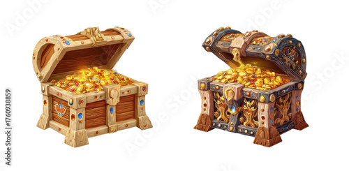 Two ornate wooden treasure chests, filled with gold coins, are depicted.  One chest is light beige/tan, the other dark gray/brown. Both have decorative carvings and inlaid jewels