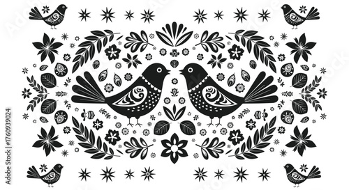 A charming folk art design featuring two birds surrounded by floral and star motifs.