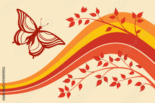 Vector art of butterfly with branch on colorful waves