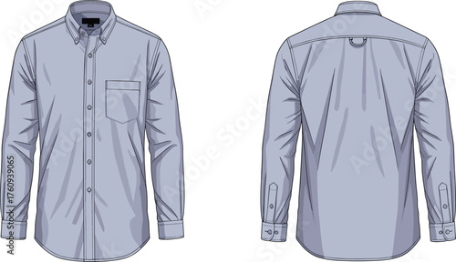 Long sleeve button up shirt flat sketch, front and back view, button down collar, chest pocket, pleated back, fashion technical drawing