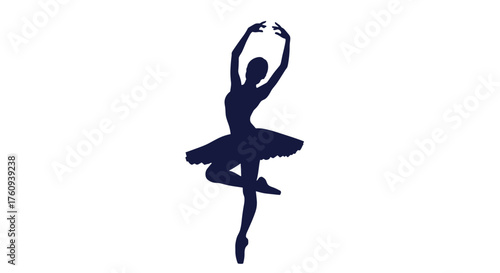 A graceful ballet dancer in a tutu performs an arabesque pose with elegant arms outstretched above her head.