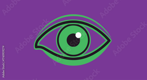 An abstract artistic representation of a vibrant green eye on a deep purple background with a thin black outline.