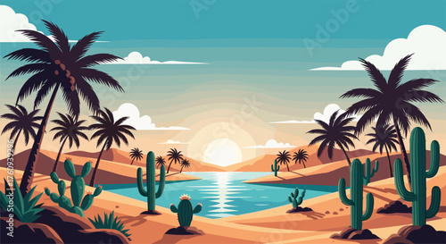 A vibrant pixel art desert landscape with palm trees cacti and a serene lake reflecting the sun.