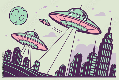 Vector art of alien invasion with flying saucers attacking a city at night