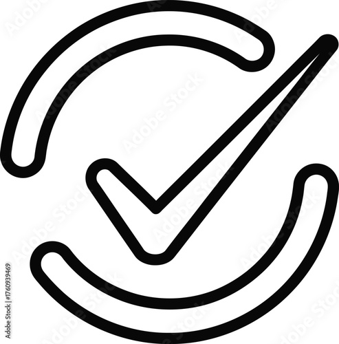 Outline Tick Inside Circular Arrow Completion in Black and White Style Graphics