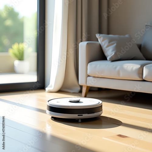 Autonomous robotic vacuum in minimalist living room