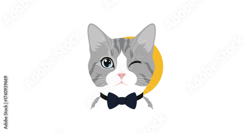 A charming tabby cat wearing a stylish bow tie winks playfully.