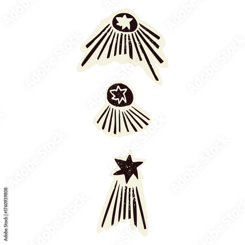 Hand drawn star of Bethlehem motif for christian christmas card design. Set of 3 nativity stars in black and white isolated flat vector for holy season.