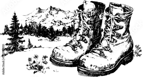 Vintage illustration of hiking boots. Detailed line drawing in black and white, featuring a scenic mountain landscape vector.