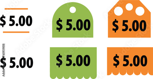 Price Tags Set with $5.00 Value in Green and Orange Variations