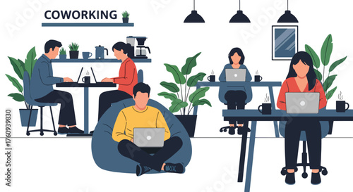 Flat style illustration of people working in a modern coworking office with laptops, plants, and relaxed seating, representing teamwork, productivity, and contemporary workplace culture