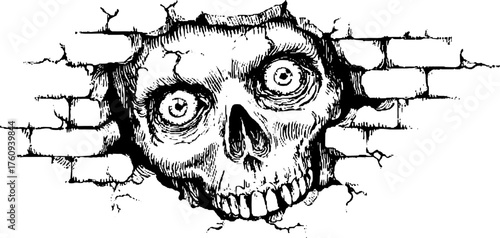 Creepy skull art on a broken wall. Vintage engraving style with intricate details in a monochrome vector illustration.